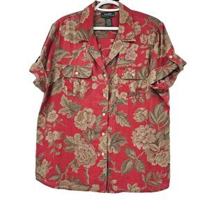 Ralph Lauren Linen Hawaiian Tropical Floral Button Up Shirt Red Women’s Size L